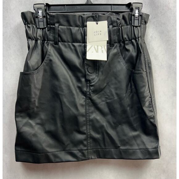 Zara knit Faux Leather Paper Bag Mini Skirt size Small Black NWT - Picture 2 of 6